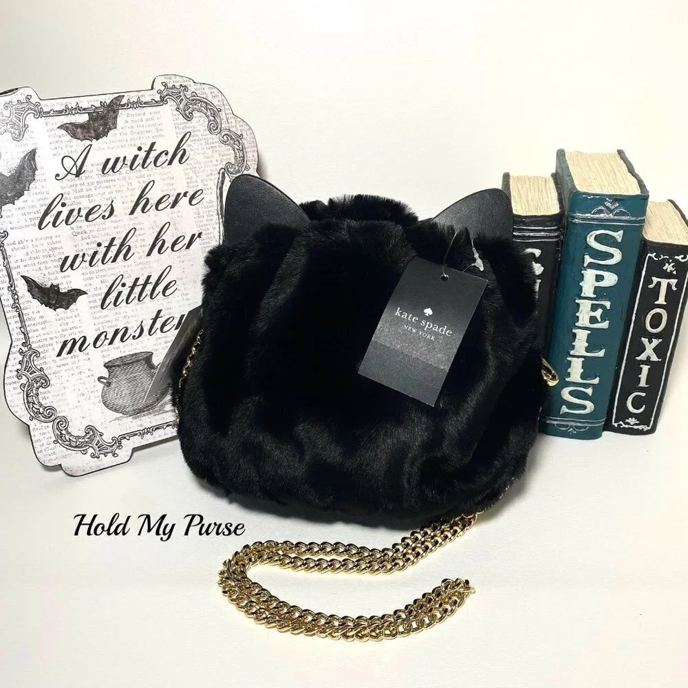 Kate Spade Pitch Purrfect Faux Fur Black Cat Bag NWT